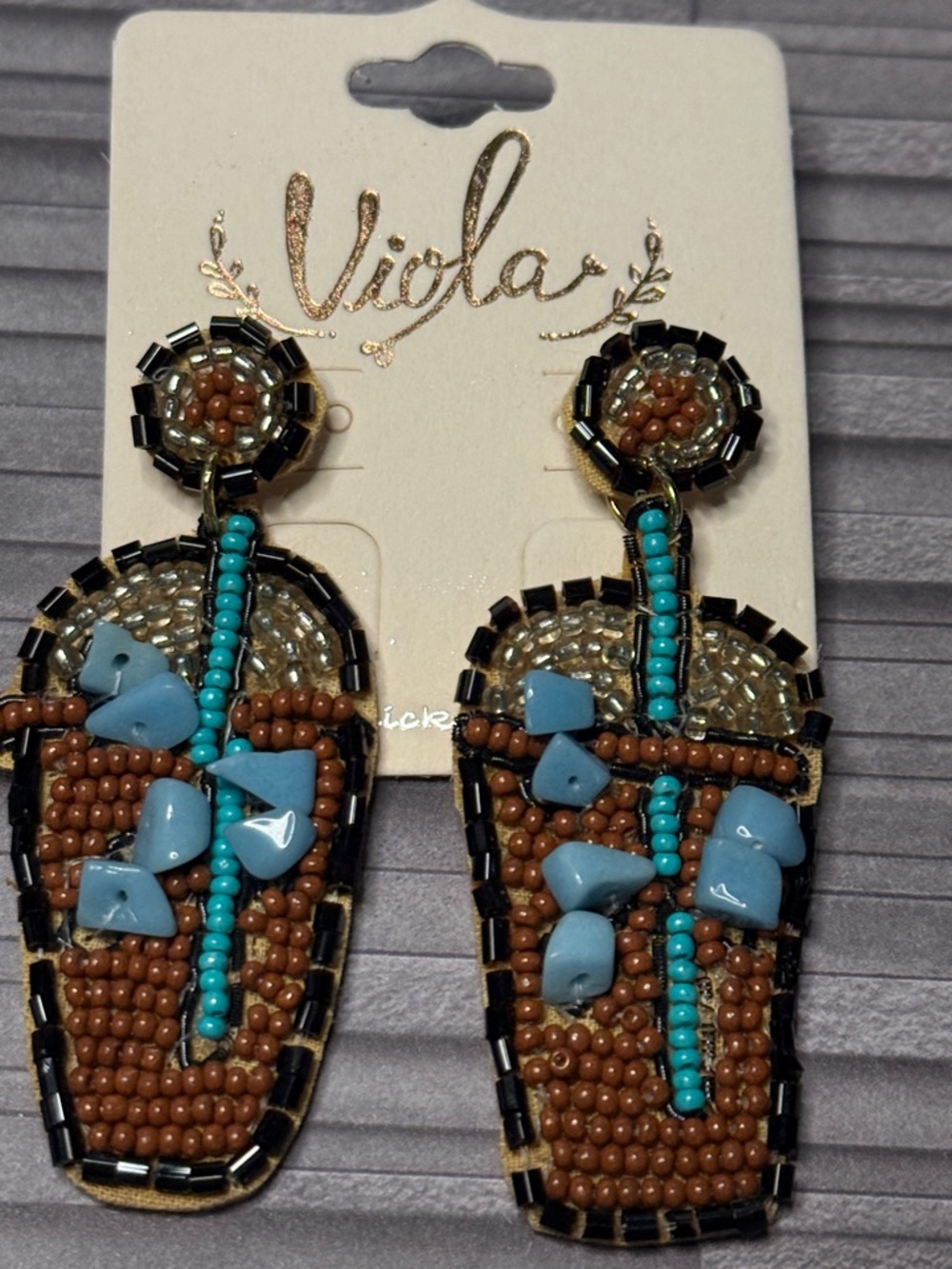 Viola Beaded Iced Coffee Dangle Earrings - Brown and Turquoise